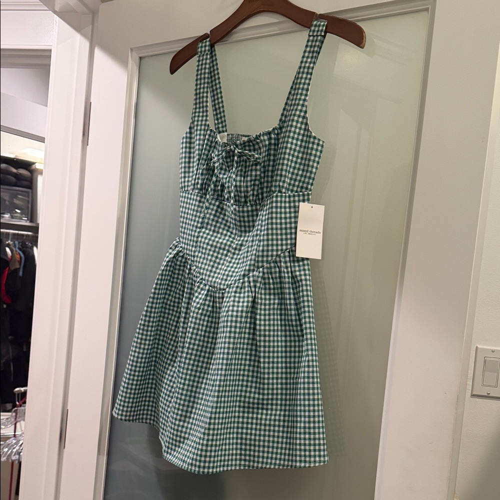 New Mixd Tgreads Green Gingham Tie-Front Mini Dress women’s junior small